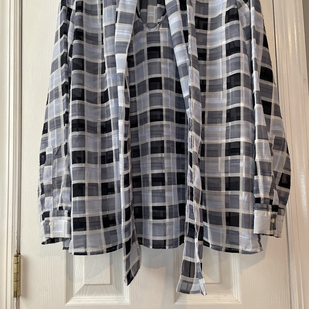 Ann Taylor Sheer Blouse Small Blue Plaid Tie Neck Long Sleeve Office Workwear - Picture 2 of 16